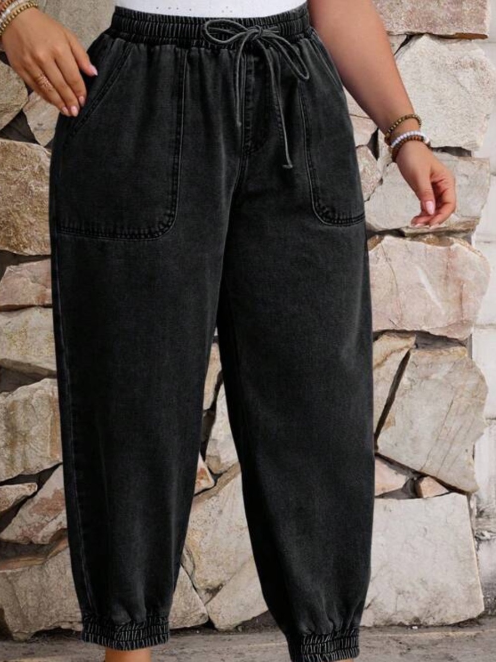 Washed Black Drawstring Jogger Pants